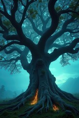 Fototapeta premium A giant, ancient tree with glowing roots extending into the earth