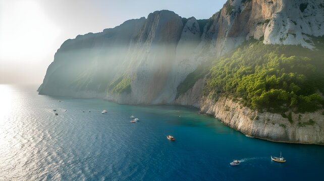 Majestic limestone cliffs rise dramatically from the turquoise waters of a tropical bay dotted with small boats under a hazy sky