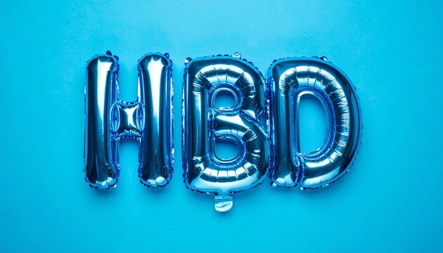 Three shiny metallic balloon letters spelling “HBD” float against a blue background—reflective and festive, perfect for birthday celebrations.
