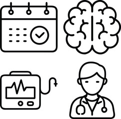 A set of four simple outline icons depicting a brain, a calendar with a checkmark, an ECG machine, and a doctor with a stethoscope.