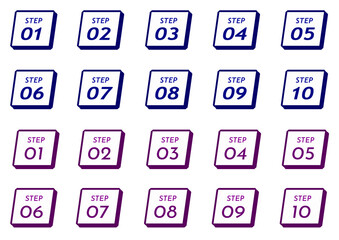 Modern Numbered "Step" Icon Set (1-10) with 3D Shadow Effect - Blue and Purple Variations for Infographics and UI Design
