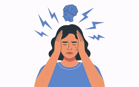 Cartoon illustration of a woman with a headache and stress symbols in a minimalist design for mental health and migraine awareness visualization - Powered by Adobe