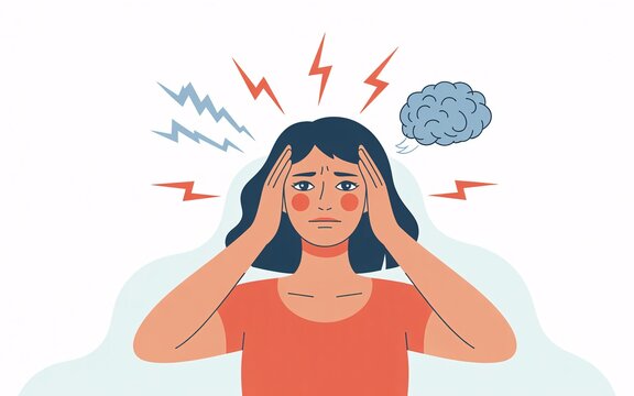 Cartoon illustration of a woman with a headache and stress symbols in a minimalist design for mental health and migraine awareness visualization - Powered by Adobe