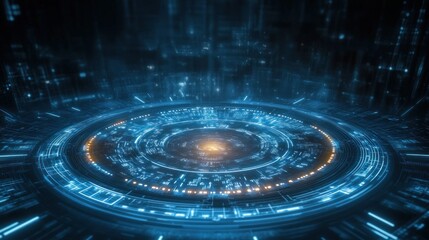 Futuristic digital circular interface with glowing blue and orange lights on a dark tech background, conveying advanced technology and data flow
