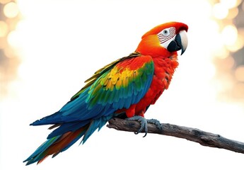 Obraz premium vibrantly colored parrot with red, orange, yellow, green, and blue feathers perched calmly on a branch with a bright, softly blurred background