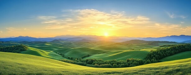 Sunrise over rolling green hills with scattered trees and distant mountain range under a partly cloudy blue sky