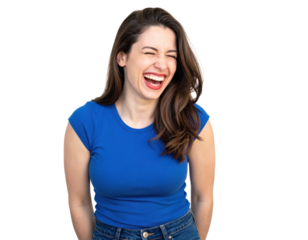 Cheerful brunette woman in a blue tshirt laughing hysterically with her eyes squinted shut.