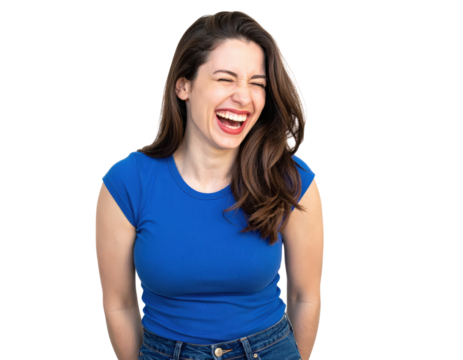 Cheerful brunette woman in a blue tshirt laughing hysterically with her eyes squinted shut.