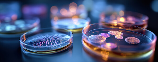Innovative lab setup with petri dishes showcasing various cellular patterns at night