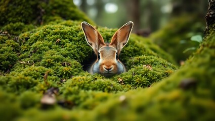 A curious rabbit peeking out from a mossy burrow in a forest with its ears standing straight up high