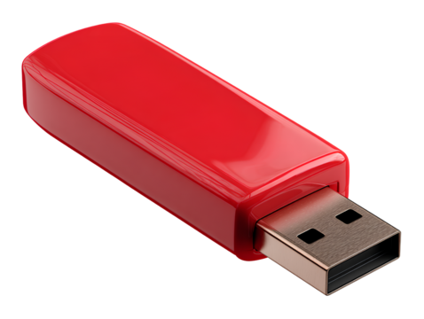  Red USB stick with cap removed isolated on transparent background