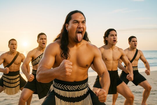 Group of men performing traditional haka dance on beach at sunrise, showcasing cultural expression with intensity and passion in natural light. Ai generative
