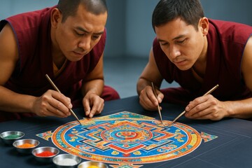 Buddhist monks creating a colorful sand mandala together as part of a sacred ritual on a dark background in soft light for cultural expression. Ai generative