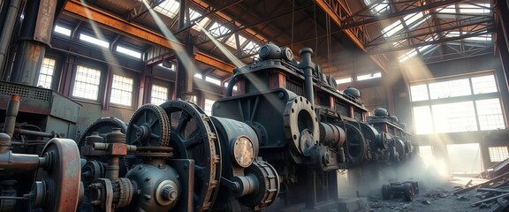 Rusting machinery in a derelict factory, sunlight piercing dust-filled air,  scene,  atmosphere