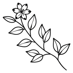 A delicate flower with leaves on a branch, simple black and white drawing.