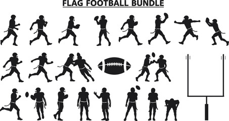 Flag football silhouette bundle, American football player poses, quarterback and running back actions, sports vector icons, football goalpost and ball illustrations