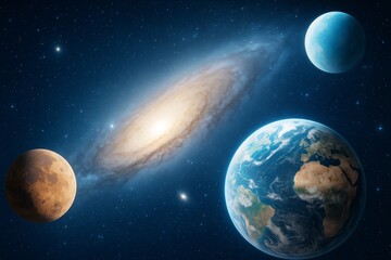 Earth, planets, and spiral galaxy in deep space with glowing light and cosmic background in a surreal science fiction universe concept.