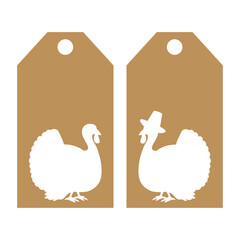 Turkey logo. Set de etiquetas de precio con silueta de pavo y de pavo con sombrero de peregrino en espacio negativo para el Día de Acción de Gracias
