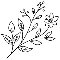 Detailed black and white line art illustration of a delicate floral branch with leaves and a flower.