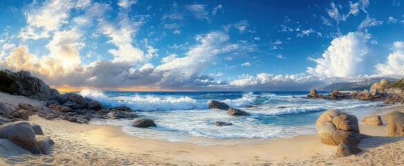 Sunny coastline with crashing ocean waves, sandy beach, large rugged rocks, and vibrant blue sky with scattered white clouds