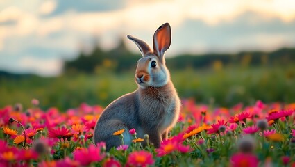 A rabbit sitting amidst a vibrant field of flowers under a soft and diffused sky at golden hour light