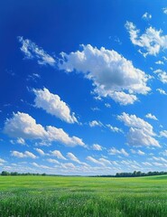 Vast green field under a clear blue sky scattered with fluffy white clouds conveying serenity and open space