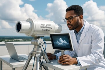 Scientist using high-speed holographic camera and analyzing data on digital screen under bright sky background on rooftop lab concept setting. Ai generative