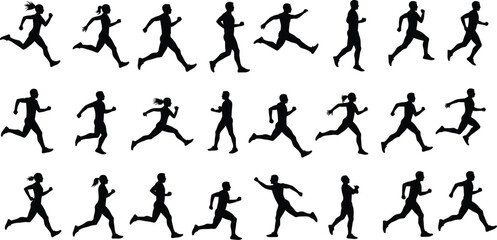 Silhouette running people collection, athlete motion sequence, jogging animation frames, sporty human poses, workout fitness runner icons, black figure sprint design set