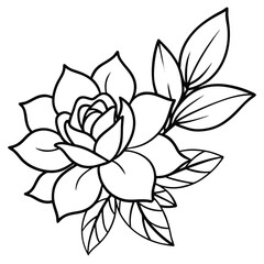 Obraz premium Black and white line art illustration of a blooming flower with multiple petals and accompanying leaves, suitable for coloring or design.