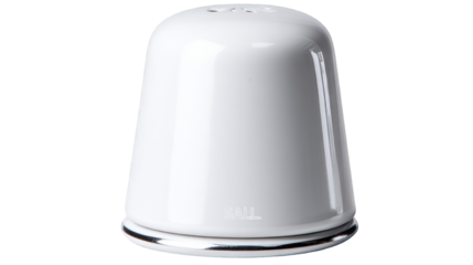 Modern white ceramic salt shaker with a glossy finish SALL text and a shiny chrome base.