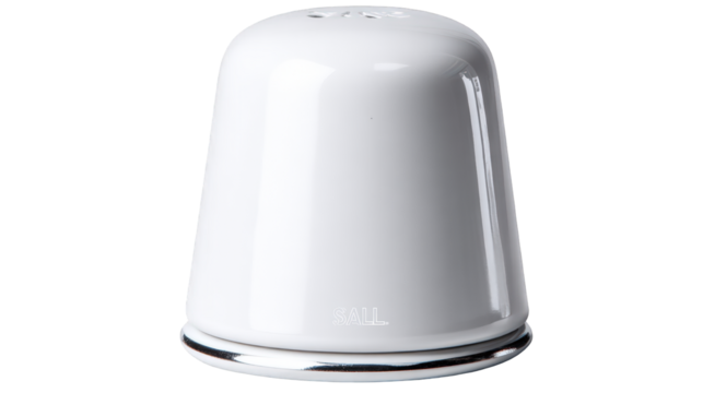 Modern white ceramic salt shaker with a glossy finish SALL text and a shiny chrome base.
