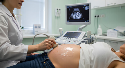 Female doctor conducting a prenatal ultrasound examination on a pregnant woman to monitor fetal development.