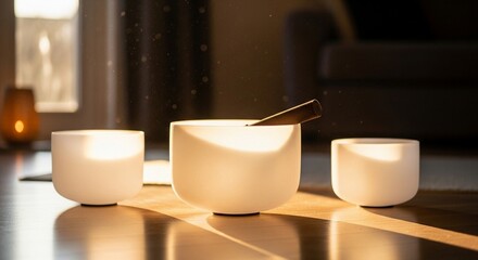 Genuine self-care routine with crystal singing bowls, showcasing sound healing and mindfulness for a peaceful and relaxing home interior