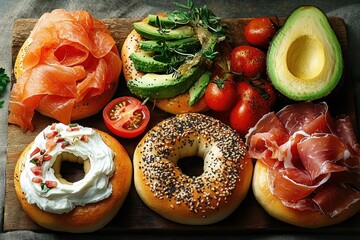 assorted bagels with cream cheese and paprika, sliced avocado with greens, smoked salmon, cherry tomatoes, and prosciutto on a wooden board, fresh and colorful breakfast spread