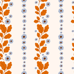Cute pattern with oak leaves and flowers on a plain background. Vector illustration. Design for wallpaper, wrapping paper, clothing, cards and invitations. Vintage hand drawn art.