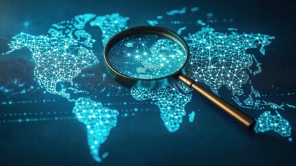 Magnifying glass highlighting a digital network map of the world with interconnected glowing nodes symbolizing global connectivity and data analysis