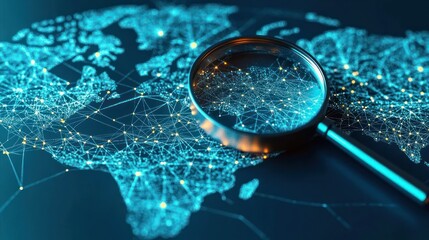 Close-up of a magnifying glass highlighting interconnected glowing network nodes on a digital world map representing global connectivity and data analysis