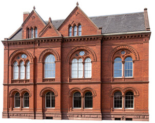 Fototapeta premium Classic Brick Building with Arched Windows, side view, isolated on transparent background