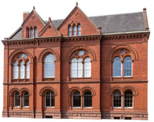  Classic Brick Building with Arched Windows, side view, isolated on transparent background