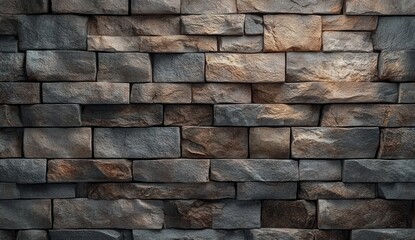 Naklejka premium Close-up view of a textured stone wall with rectangular stacked stones in shades of gray and brown