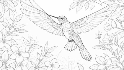 Hummingbird in flight illustration, joyful mood, outlined for coloring, floral design