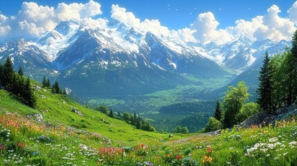 Fototapeta premium Bright sunny day with a colorful wildflower meadow in the foreground and towering snow-capped mountains under a blue sky with fluffy clouds