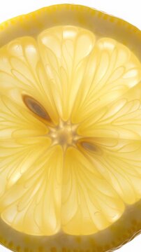 extreme close-up video of a vibrant organic lemon cross-section, revealing translucent glistening pulp, juicy segments, and delicate pith against a pristine white studio background with clean