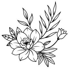A delicate black and white line drawing of a floral arrangement with a large central blossom, leaves, and a single bud.