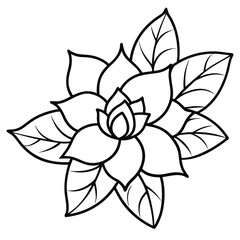 Black and white line art of a detailed flower with surrounding leaves.