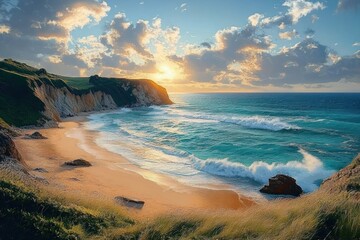 Sunset over a tranquil sandy beach with gentle waves, rocky cliffs, and green grass under a partly cloudy sky