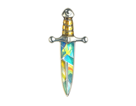Ornate fantasy dagger with a colorful stained glass blade and golden hilt.
