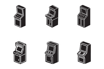 Isometric Arcade Game Machine Collection Black and White Vector Illustration Retro Gaming Entertainment Concept Design Six Different Styles for Gamers