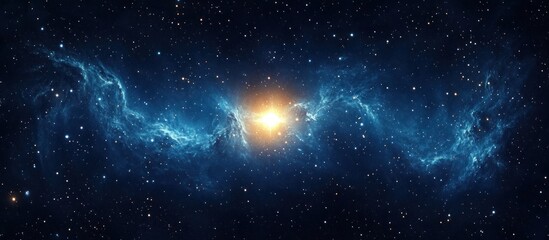 Fototapeta premium Bright golden star illuminating a swirling blue cosmic nebula with countless smaller stars scattered across the deep space background