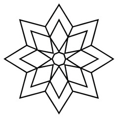 Intricate, symmetrical, black and white star-shaped graphic design.